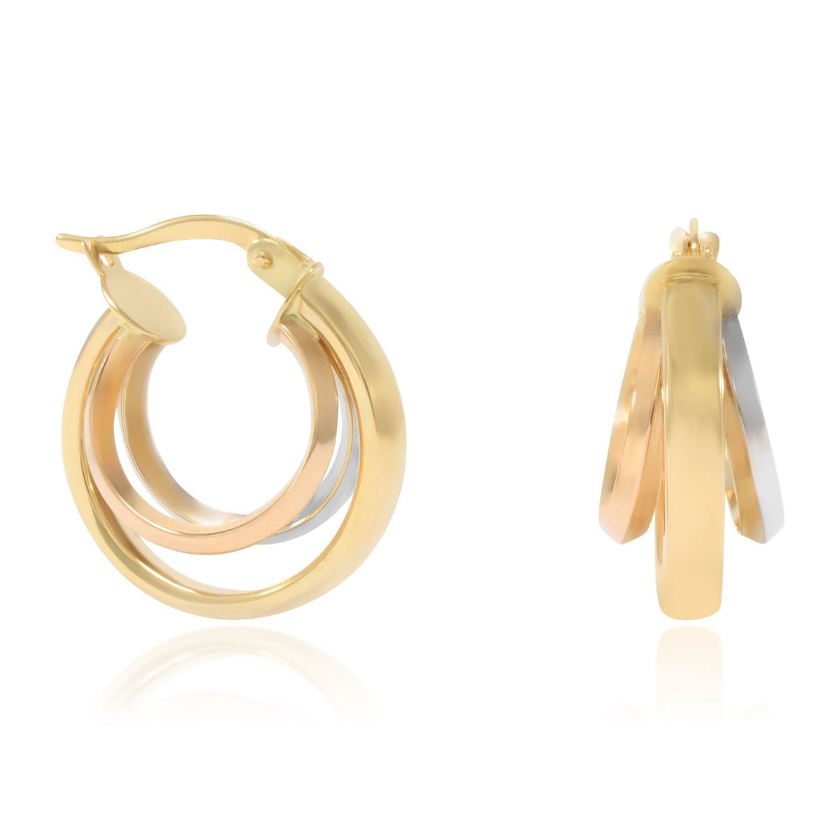 Pendientes de aro en oro blanco, rosa y amarillo de 18 quilates. Los pendientes tricolor tienen forma de tres aros separados.