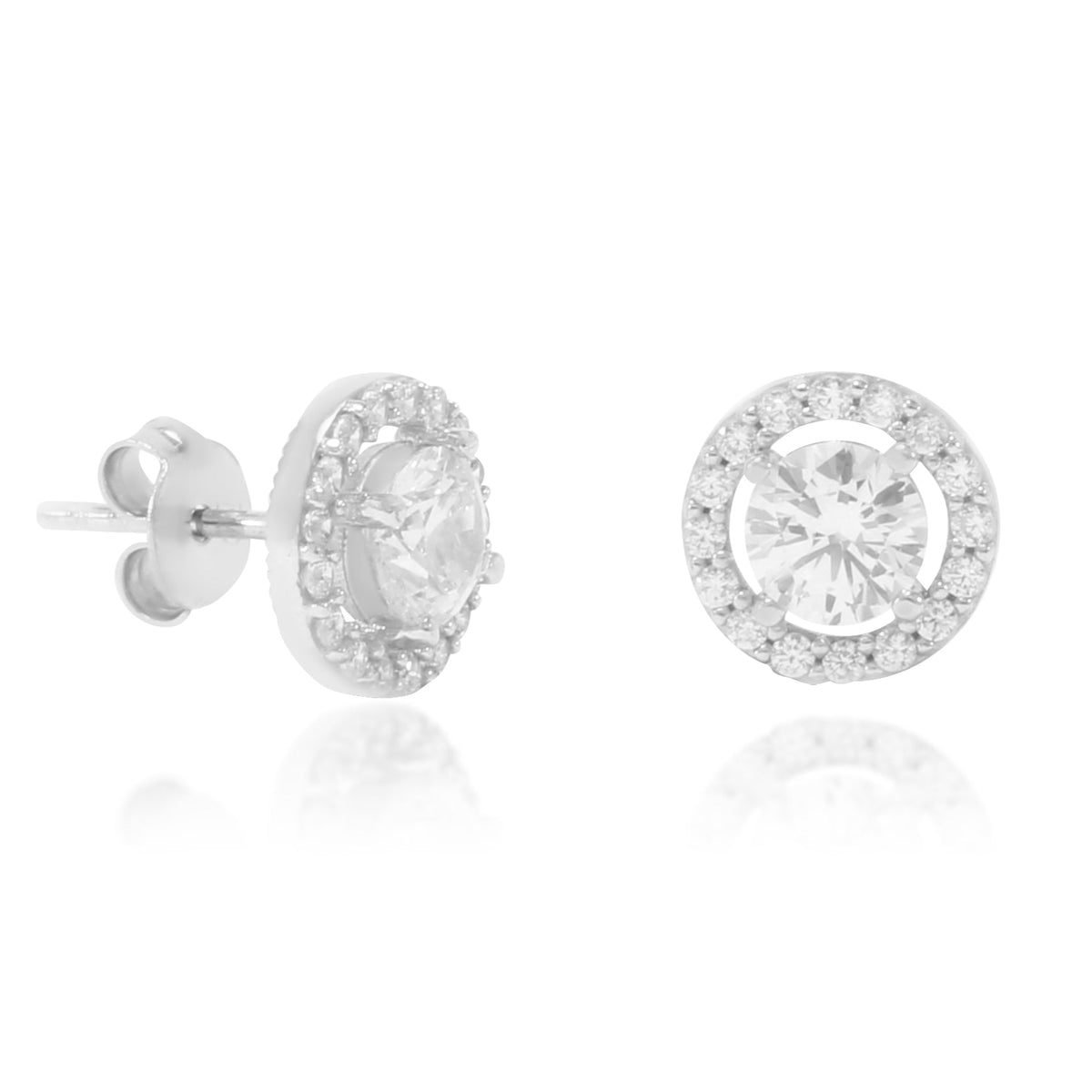 Pendientes de oro blanco de 18 quilates con un solitario de circonita central y una orla de circonitas.