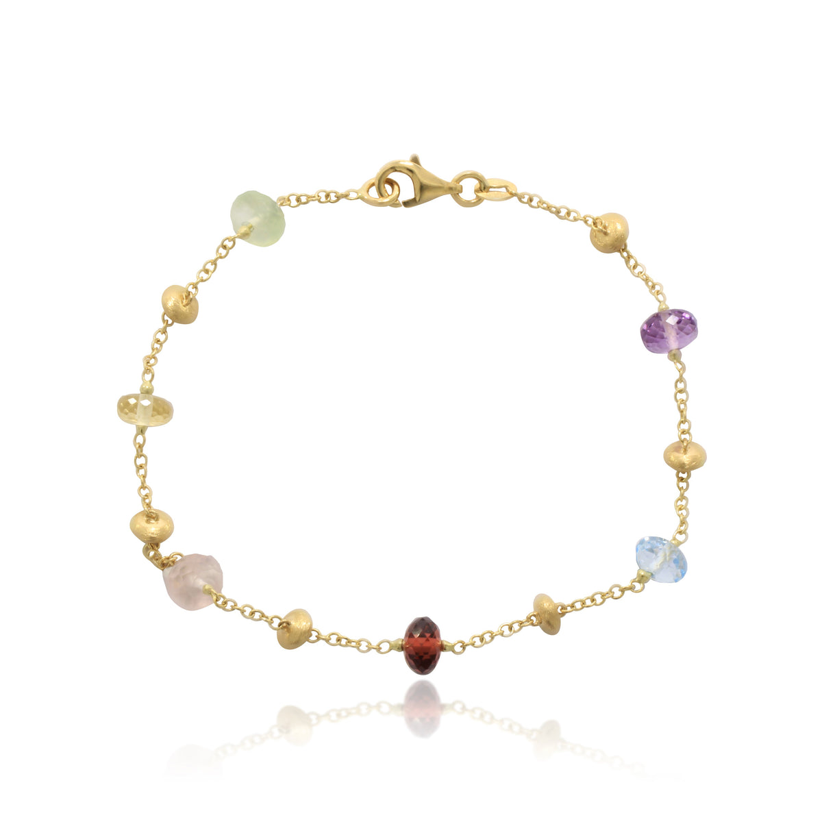 Pulsera realizada en oro amarillo de 18 quilates con motivos de oro y piedra natural de varios colores.