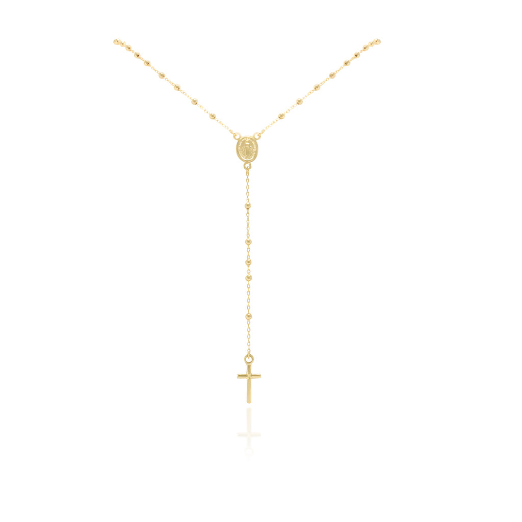 Collar rosario en oro amarillo de 18 quilates con varios motivos esféricos, una cruz y la virgen de la milagrosa.