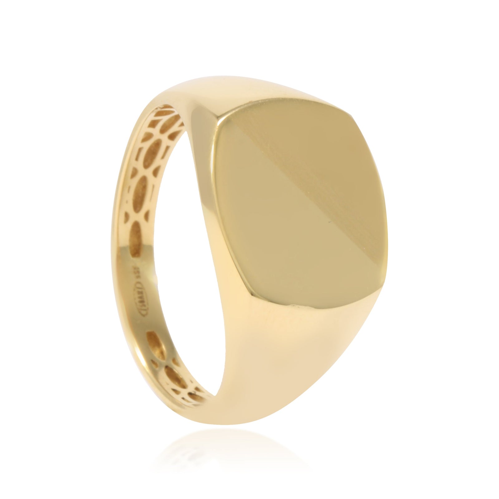 Sello cuadrado con esquinas suavizadas realizado en oro amarillo de 18k liso y mate.