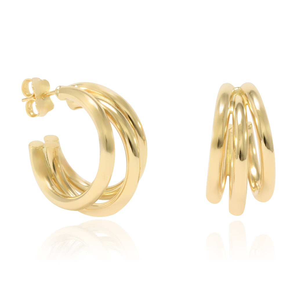 Pendientes de aro en oro amarillo de 18 quilates con tres brazos separados.