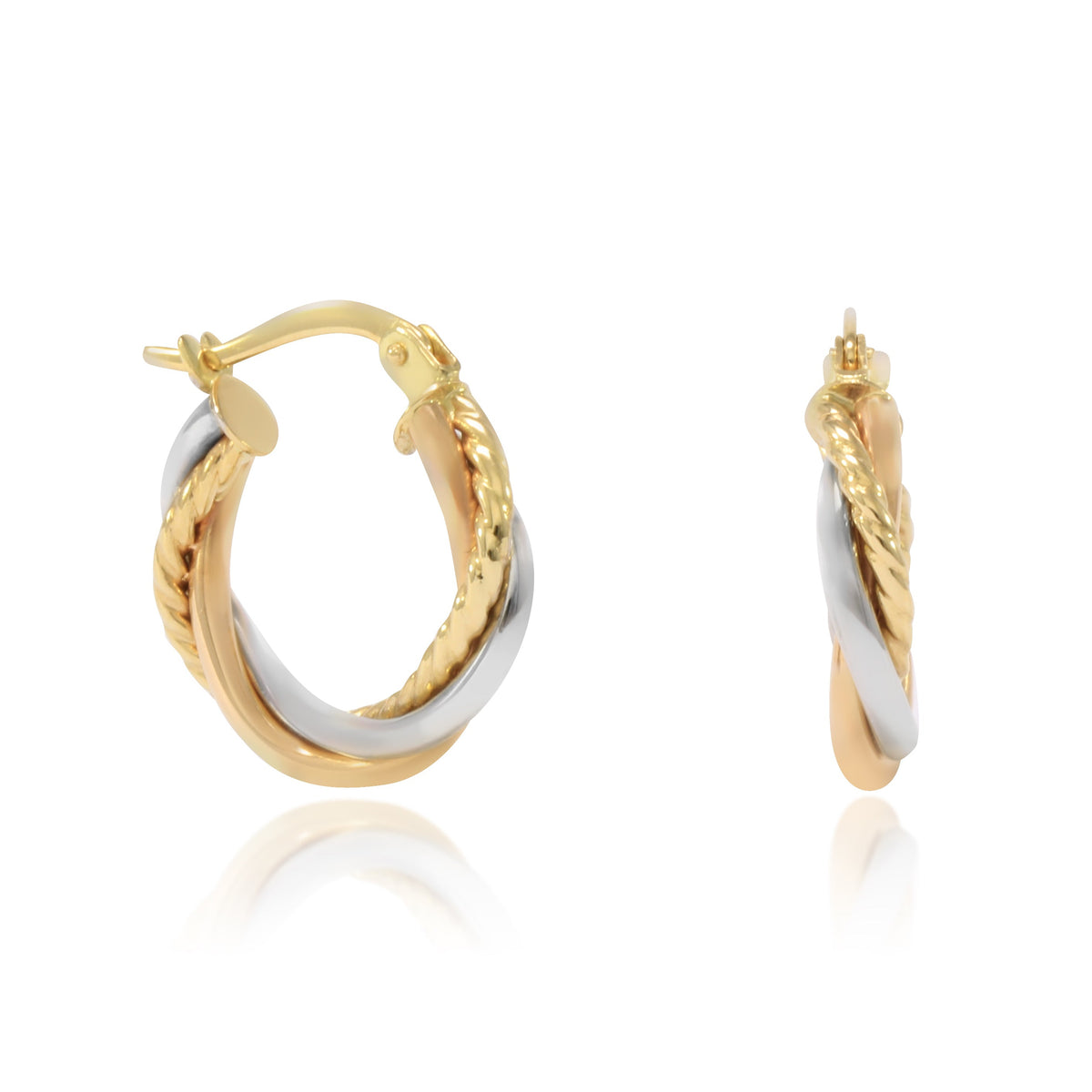 Pendientes de aro tricolor en oro blanco, rosa y amarillo de 18 quilates con tres brazos entrelazados.