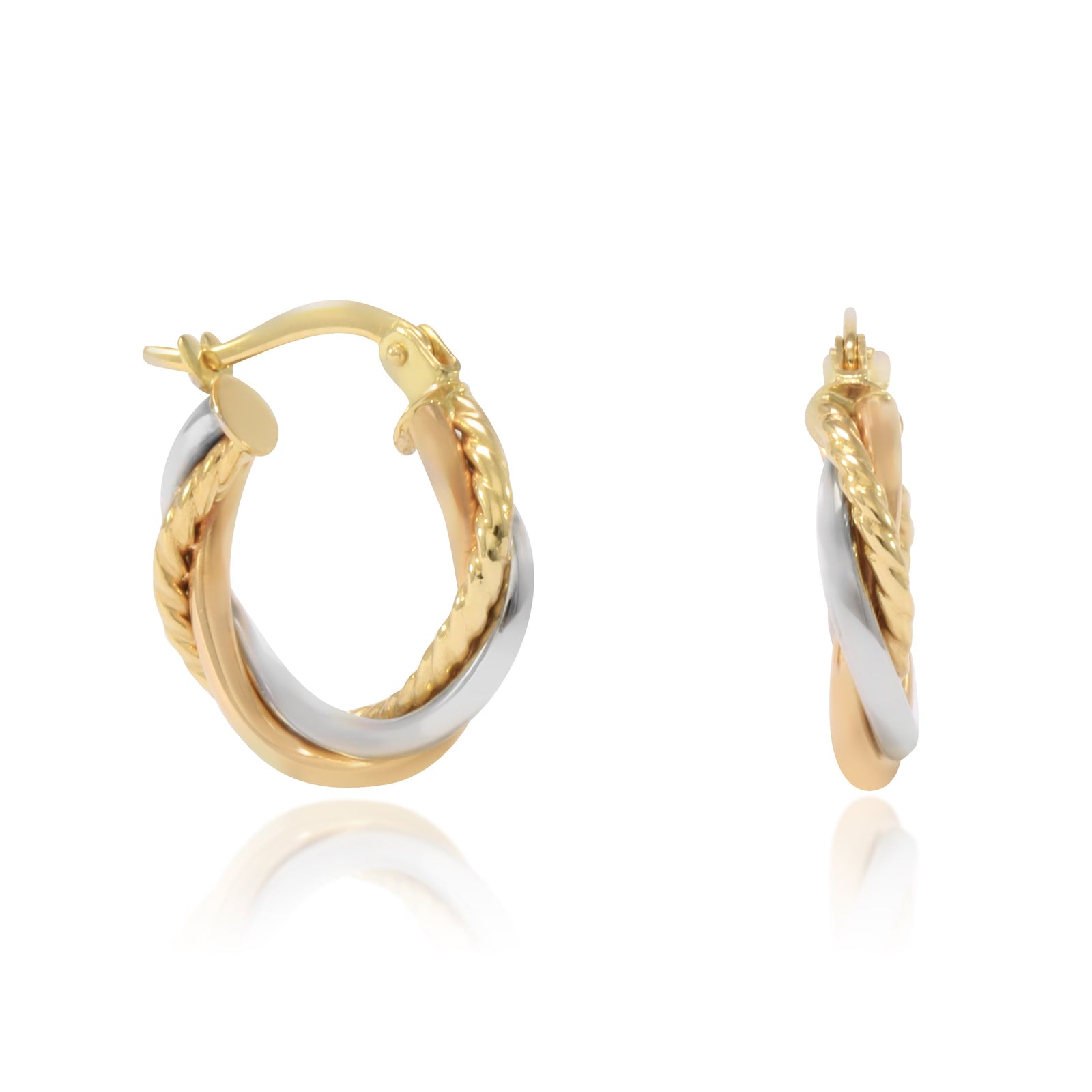 Pendientes de aro tricolor en oro blanco, rosa y amarillo de 18 quilates con tres brazos entrelazados.