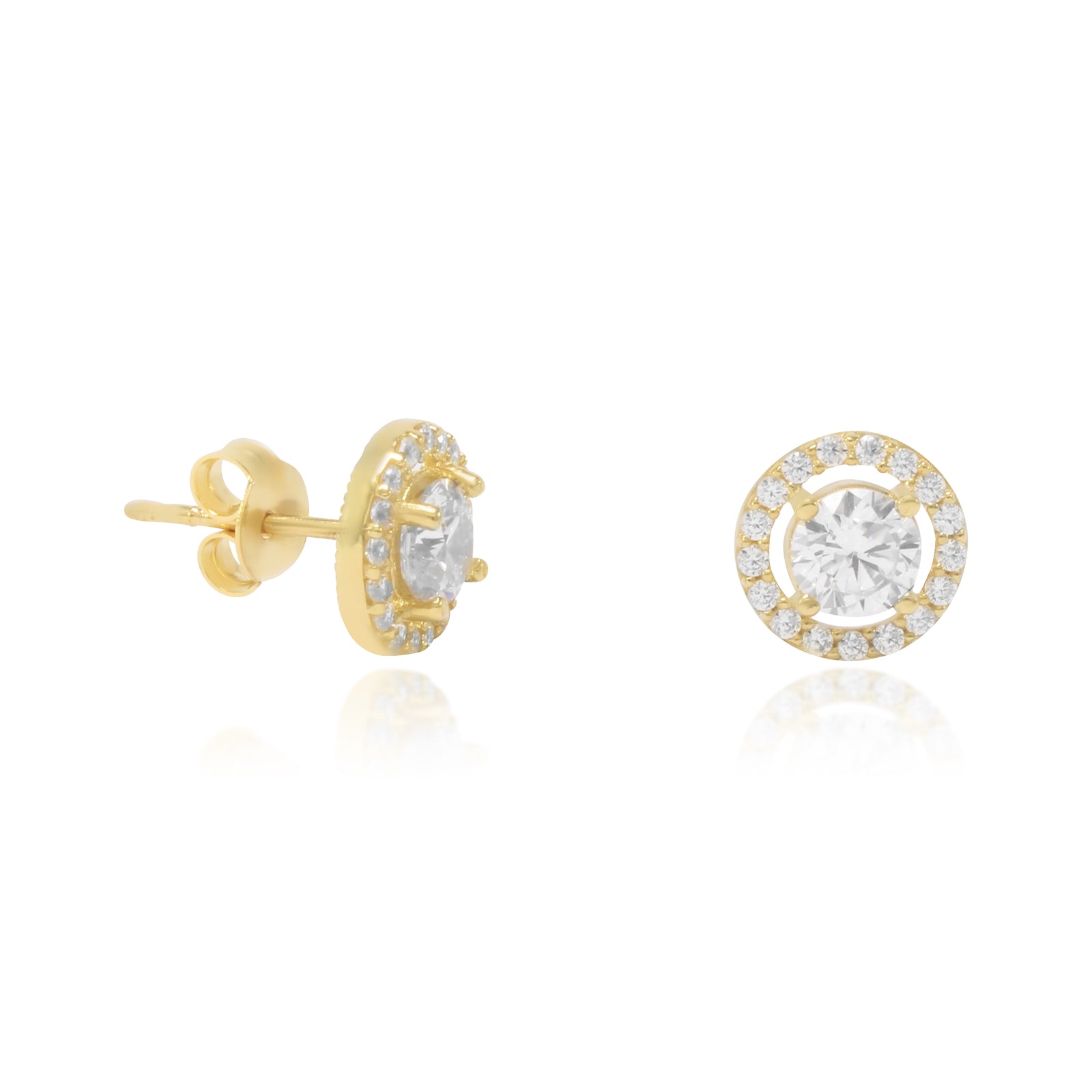 Pendientes realizados en oro amarillo de 18 quilates con una circonita central y una orla de circonitas.