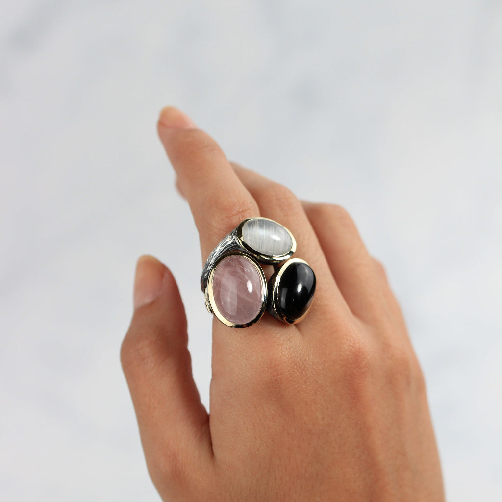 Anillo Styliano plata y oro piedras naturales