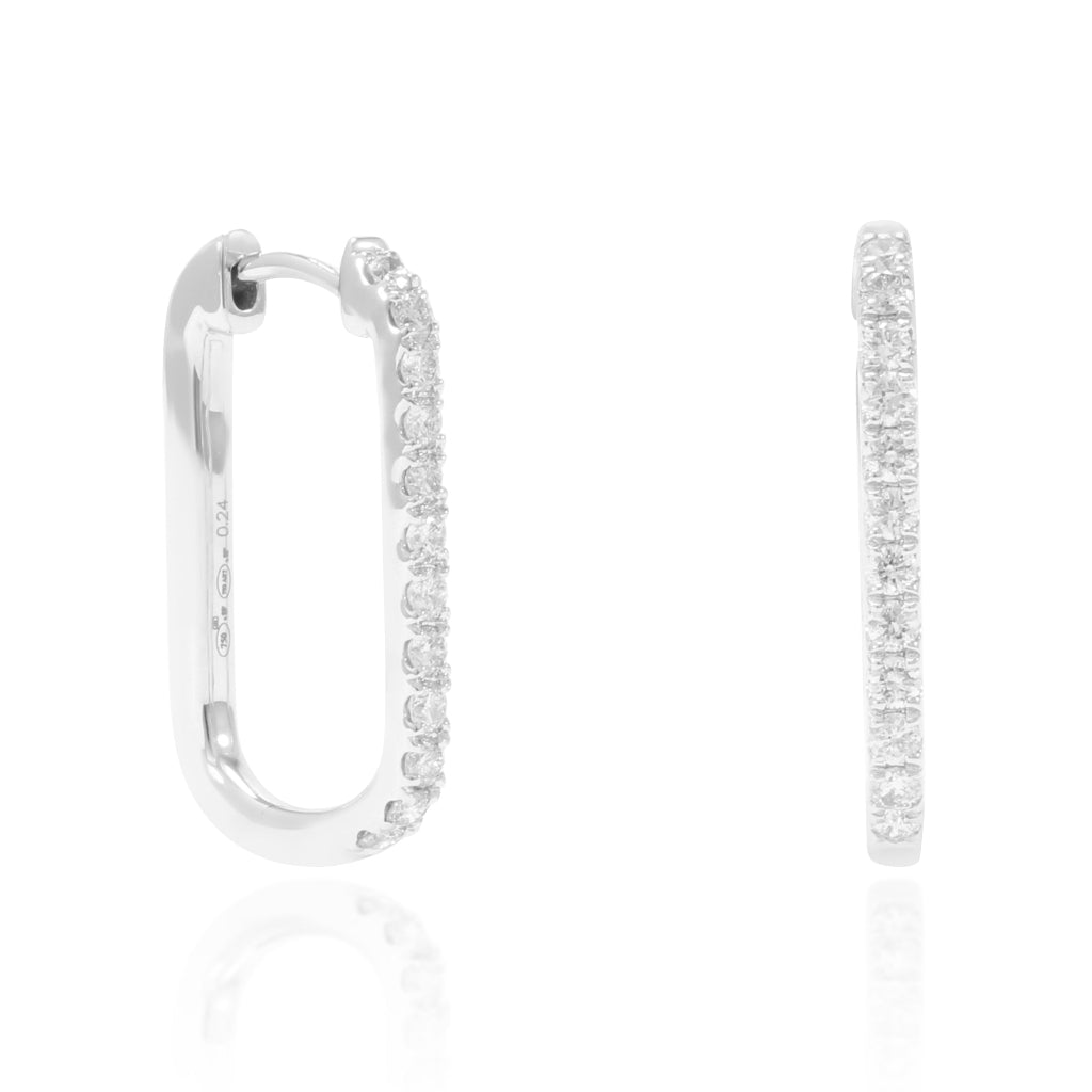Pendientes de aro rectangulares realizados en oro blanco de 18 quilates con 24 diamantes talla brillante. Joyería Pamplona