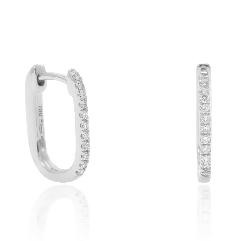 Pendientes de aro rectangulares realizados en oro blanco de 18 quilates con 22 diamantes talla brillante. Joyería Pamplona