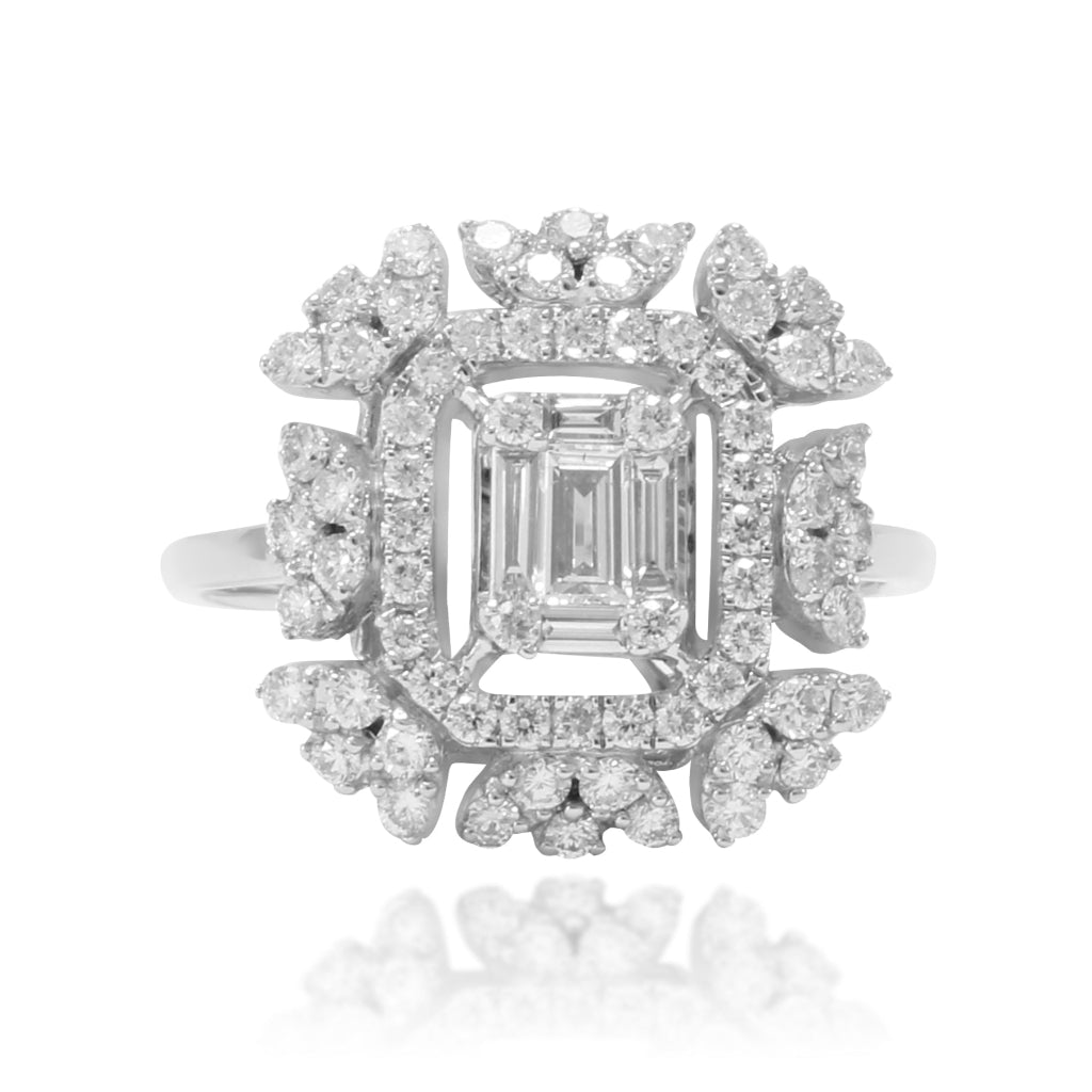 Anillo estilo vintage con diamantes talla baguette y brillante