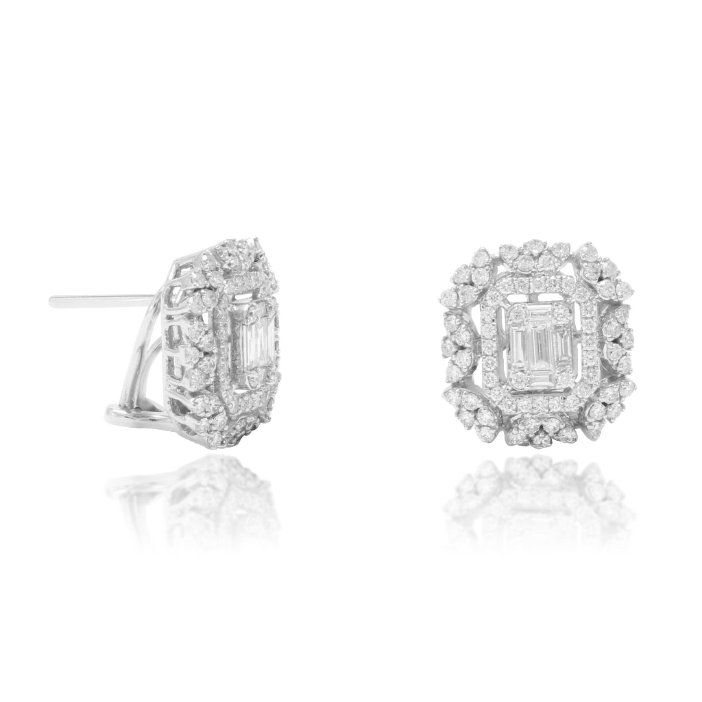 Pendientes estilo vintage de oro blanco de 18k con diamantes baguette y brillantes