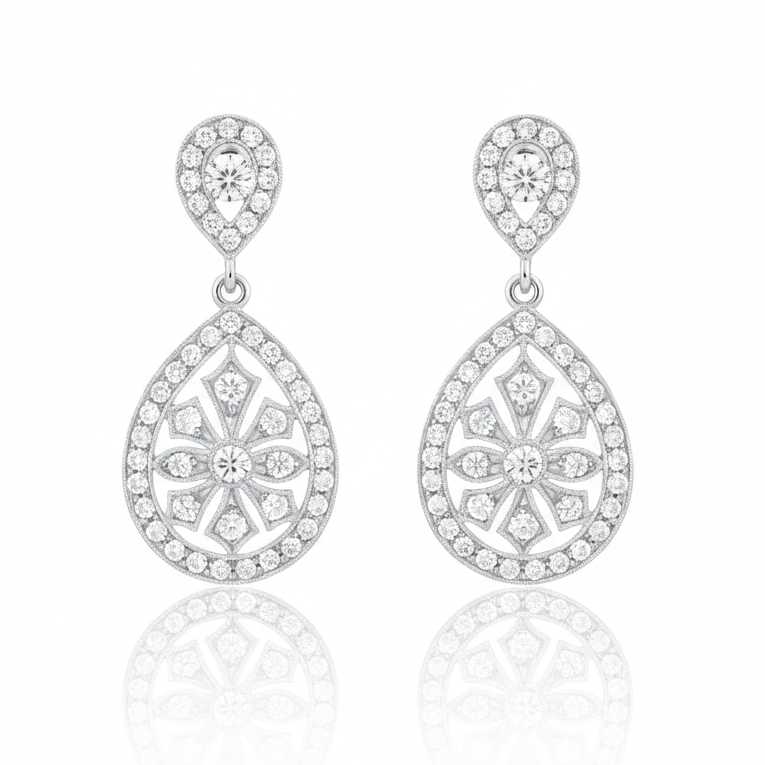 Pendientes de oro blanco 18k con diamantes naturales estilo vintage isabelino