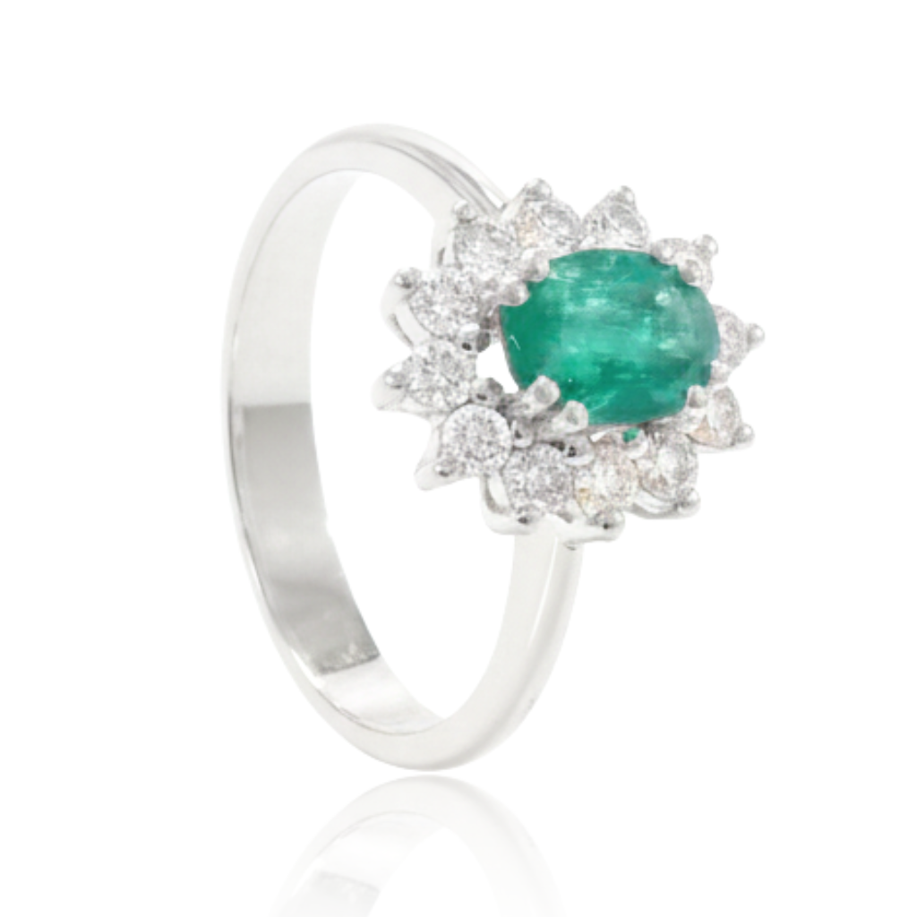 anillo de compromiso estilo lady di con esmeralda en oro blanco de 18 quilates y diamantes