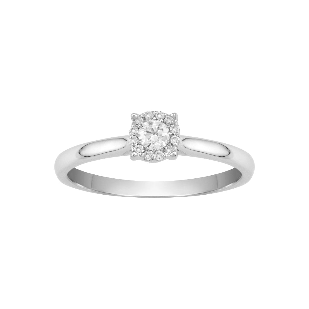 Sortija roseta en oro blanco de 18 quilates con un diamante central y 12 diamantes rodeándolo. Joyería Pamplona.