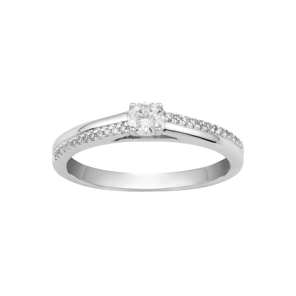 anillo compromiso oro blanco con diamante y brazo doble engastado con diamantes