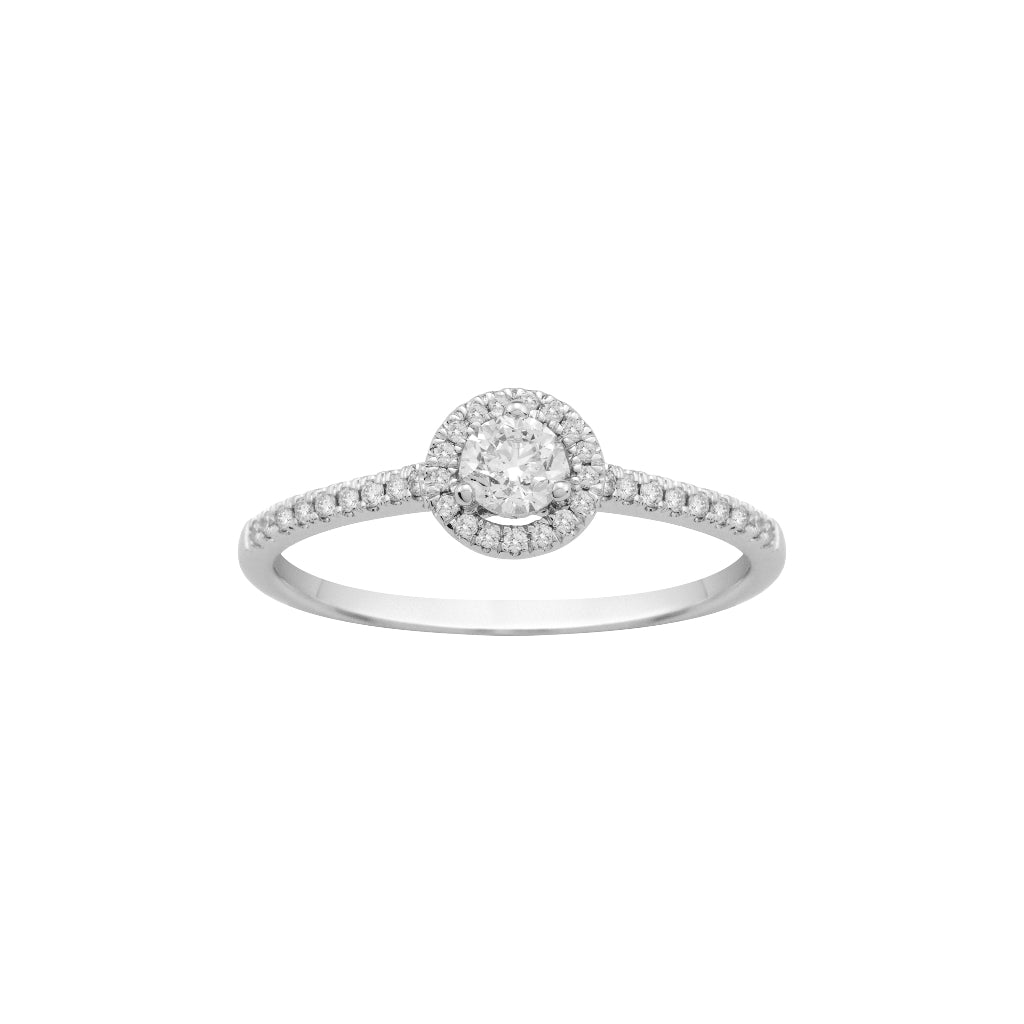 Sortija en oro blanco de 18 quilates con un diamante central en garras, con una orla de diamantes y un brazo cuajado en diamantes. Joyería Pamplona.