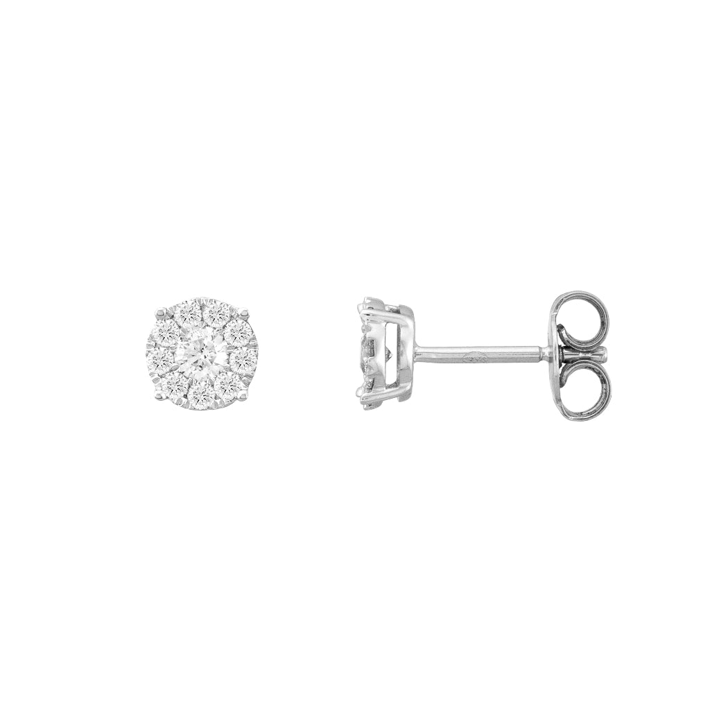 Pendientes en oro blanco de 18 quilates con un diamante central talla brillante y 9 diamantes talla brillante bordeándolo engastado en garras invisibles. Joyería Pamplona.