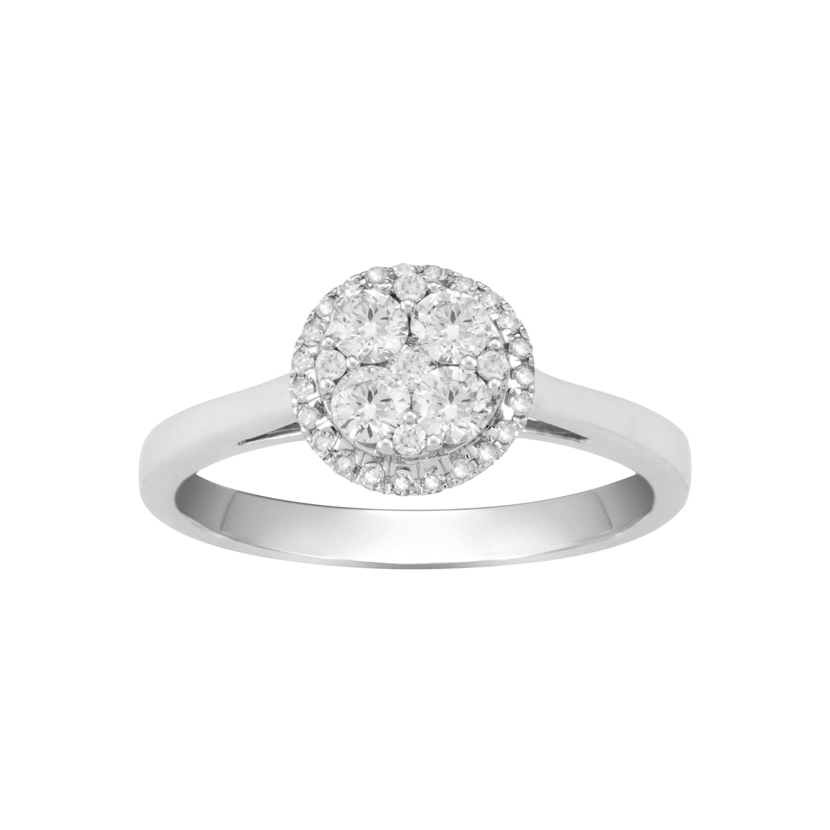 Sortija de oro blanco de 18 quilates con 4 diamantes centrales de 0,328cts. acompañados de 5 pavé de diamantes de 0,048cts. con una orla de 23 diamantes talla brillante con un total de 0,078cts.
