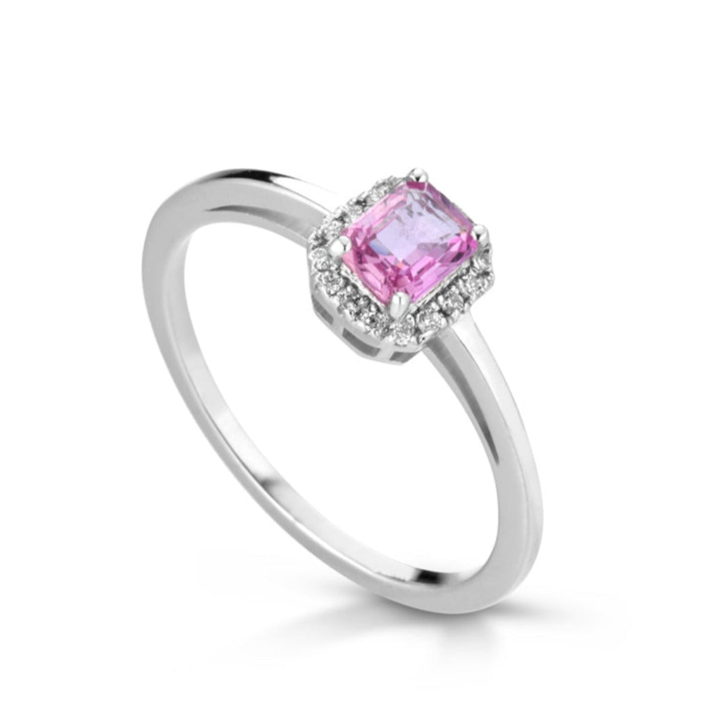 Anillo de oro de 18kt con zafiro rosa y diamantes joyería pamplona