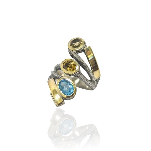 Anillo Gabriela Styliano Original plata, oro, citrino, topacio y turmalinia