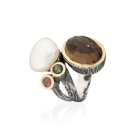 Anillo de plata de ley 925 y oro 9ct con perla, cuarzo fumé y turmalinas