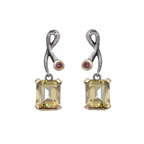 Pendientes de plata y oro de 9k con cuarzo y rodonita