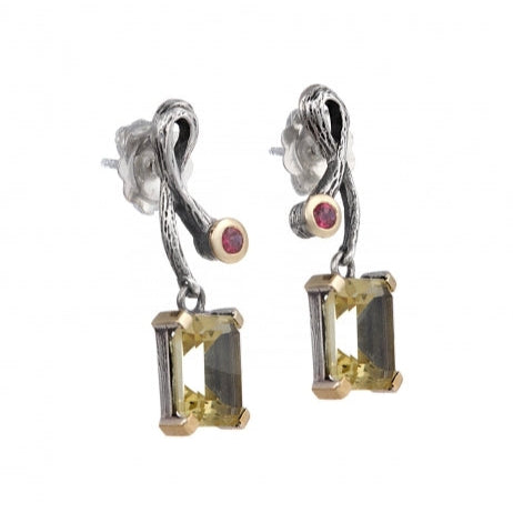 Pendientes de plata 925 y oro de 9k con cuarzo y rodonita