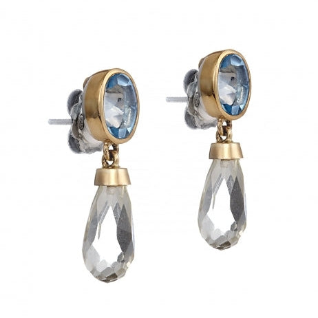 Pendientes de plata de primera ley y oro de 9kts con topacio azul y cuarzo golden
