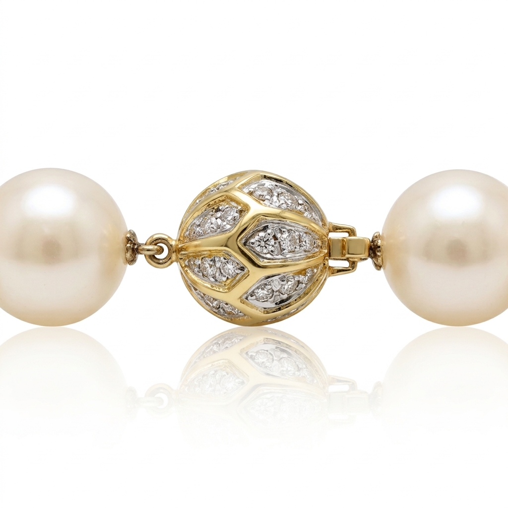 Collar gargantilla compuesto por perlas cultivadas. El broche esférico, de diseño calado con engaste de diamantes, está realizado en oro amarillo de 18 quilates.