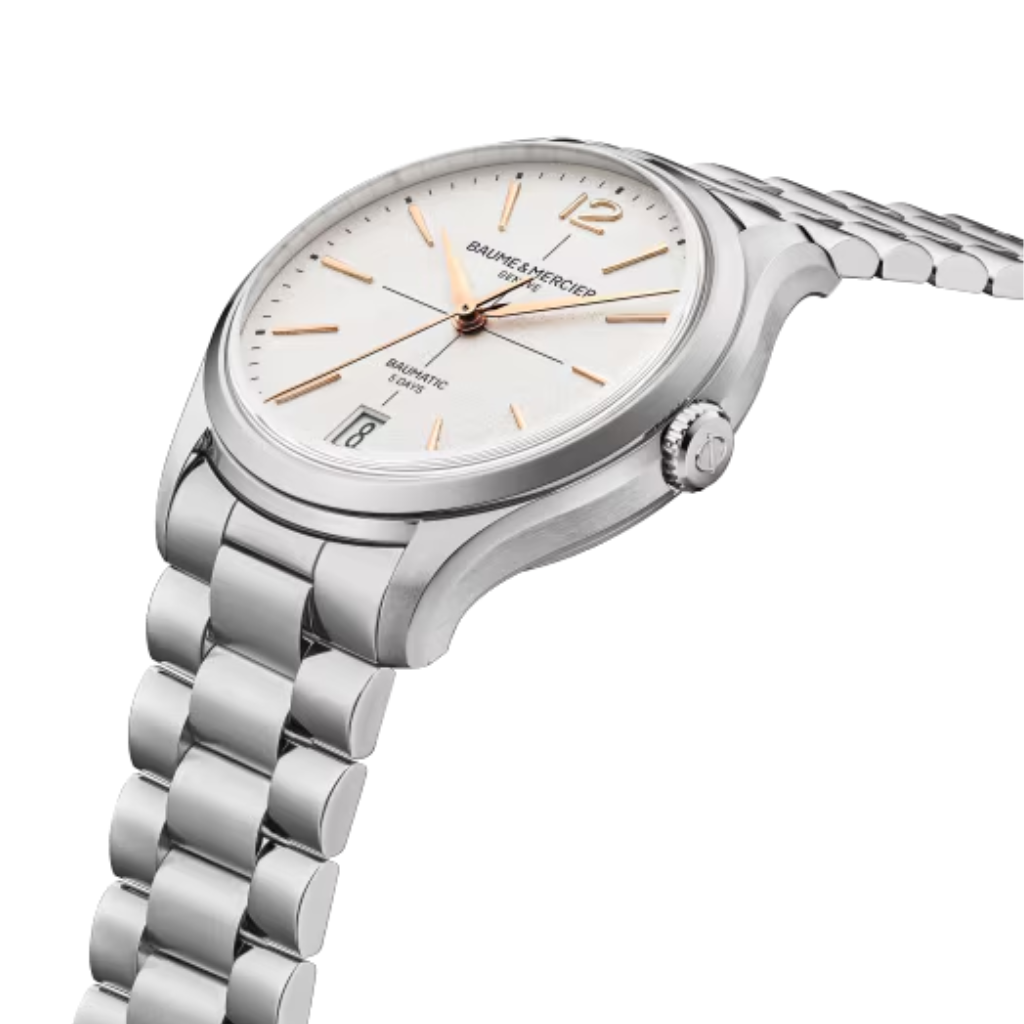 Reloj para hombre Baume & Mercier con brazalete de acero y esfera blanco roto con fecha Swiss Made