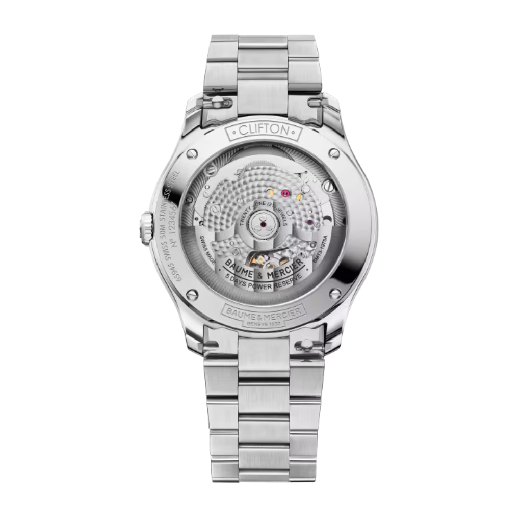 Reloj para hombre Baume & Mercier con brazalete de acero y esfera blanco roto con fecha Swiss Made