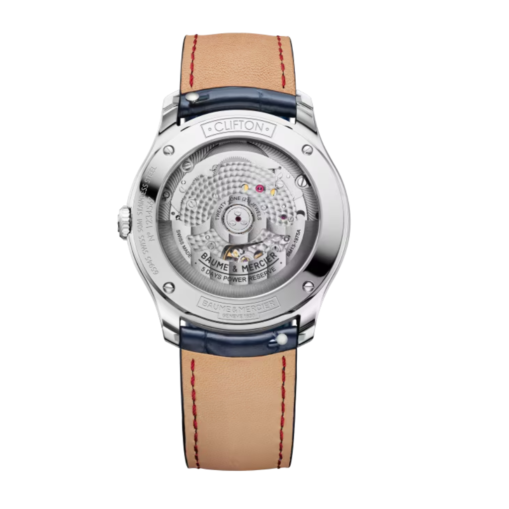Reloj para hombre Baume & Mercier Clifton Baumatic automático, con caja de acero, esfera azul degradada y correa de piel de aligátor azul. Swiss Made.