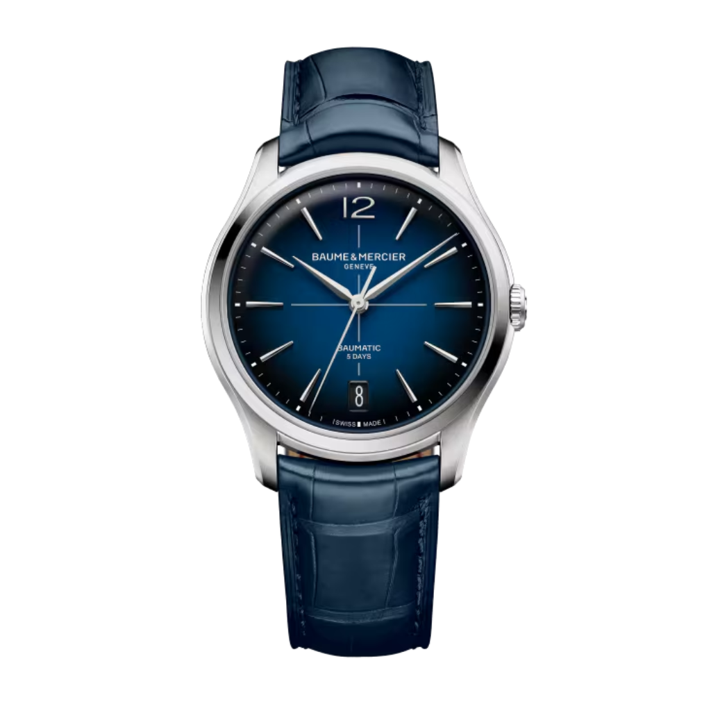Reloj para hombre Baume & Mercier Clifton Baumatic automático, con caja de acero, esfera azul degradada y correa de piel de aligátor azul. Swiss Made.