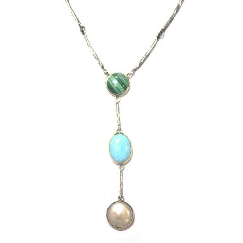 Collar de plata con oro de 9k malaquita, perla y turquesa