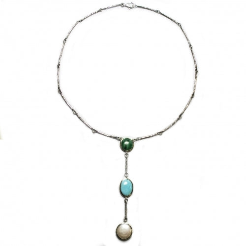 Collar de plata de primera ley con oro de 9k, malaquita, turquesa y perla