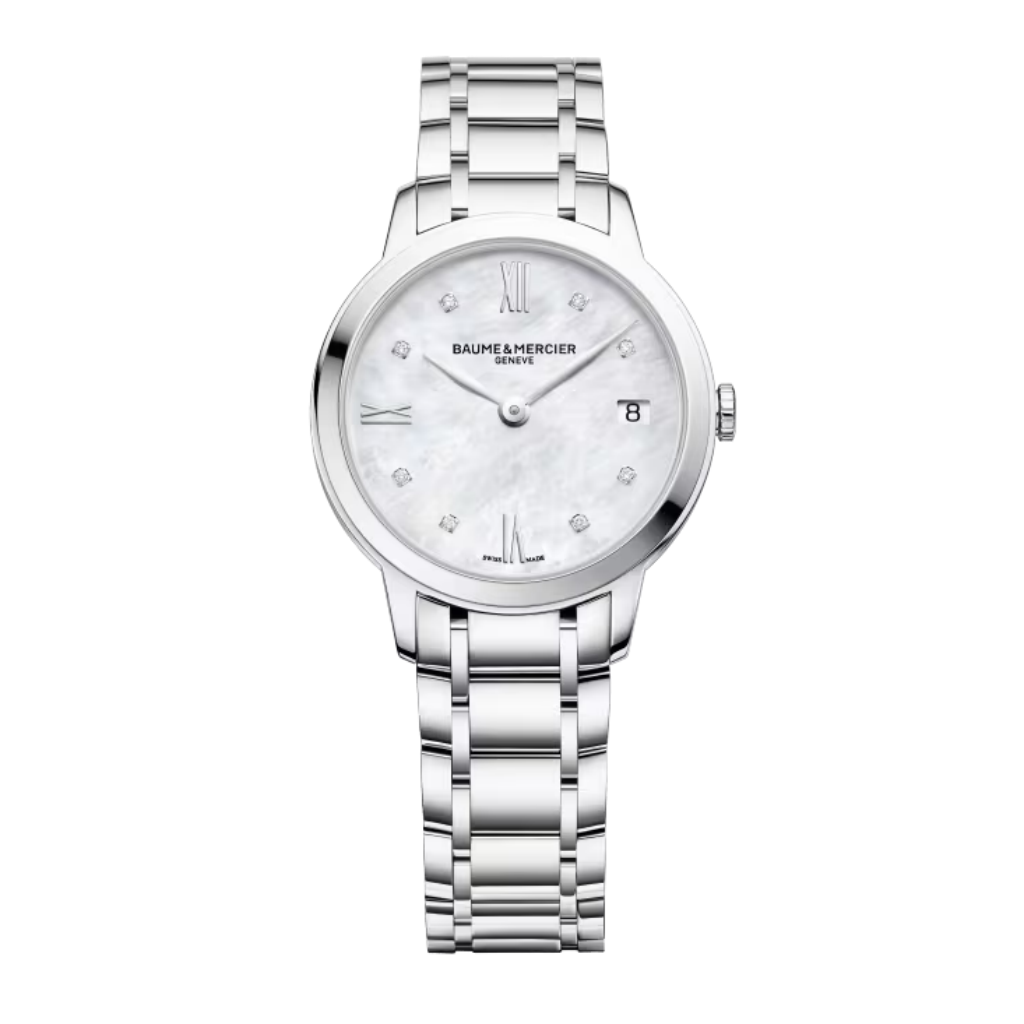 Reloj para hombre Baume & Mercier con brazalete de acero y esfera blanca plateada con fecha Swiss Made