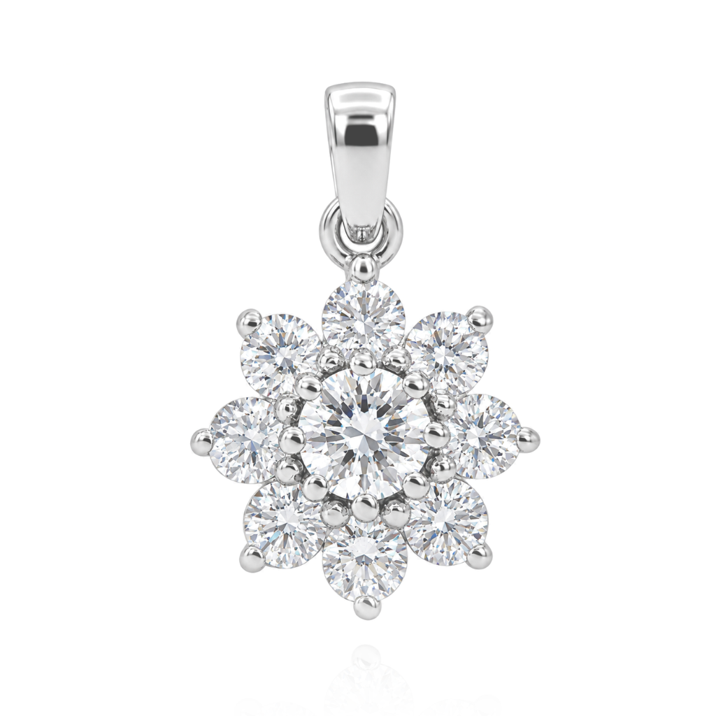 Colgante de roseta realizado en oro blanco de 18 quilates con 9 diamantes talla brillante con un peso total de 0,53cts.