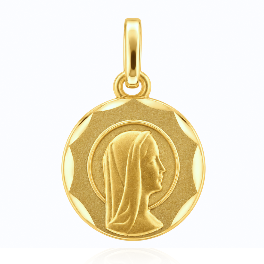 Colgante realizado en oro amarillo de 9 quilates con la figura de la Virgen Niña.