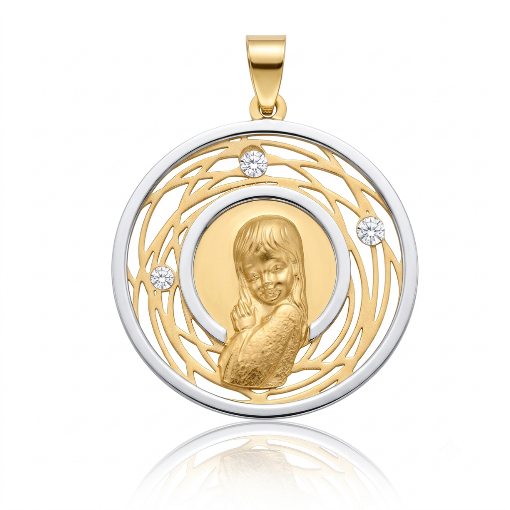 Corgante de oro amarillo y oro blanco 18k de  Virgen Niña con circonitas