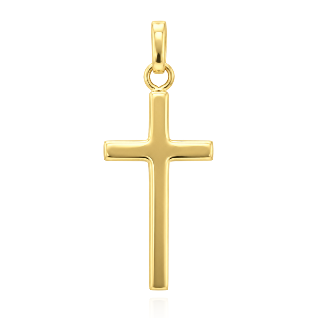 Colgante de cruz realizado en oro amarillo de 9 quilates, distinguido por una silueta estilizada de perfiles y bordes suavemente redondeados.
