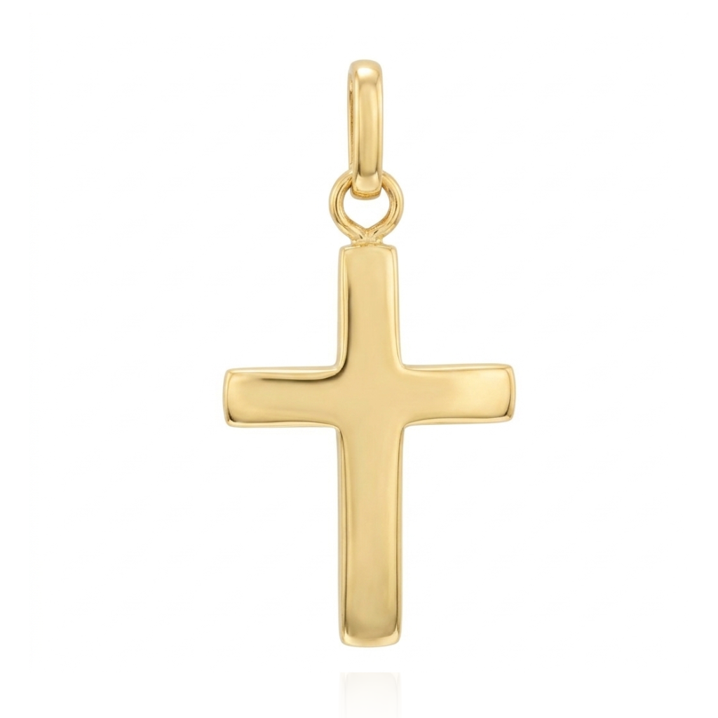 Colgante de cruz realizado en oro amarillo de 9 quilates con una silueta suave de bordes redondeados y proporciones armoniosas.