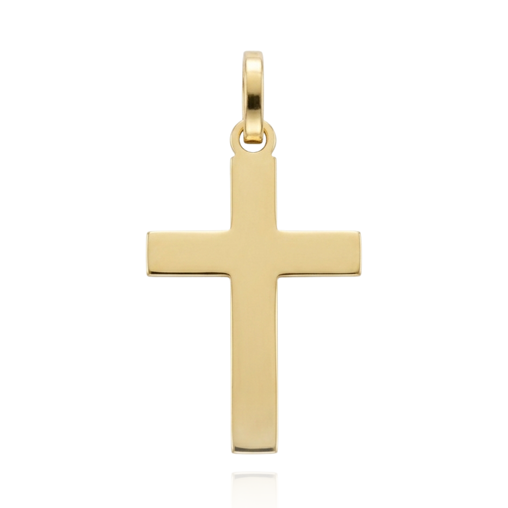 Colgante de cruz realizado en oro amarillo de 9 quilates con un sobrio diseño plano y brazos de perfil ancho, trabajados con un acabado liso pulido de gran luminosidad.
