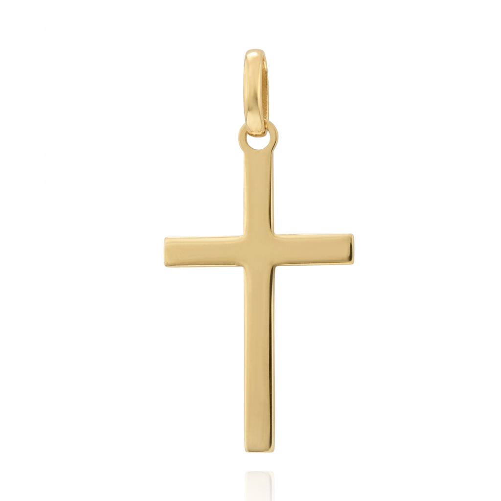Colgante de cruz realizado en oro amarillo de 9 quilates con una silueta geométrica plana y líneas estilizadas, realzado por un acabado liso pulido de brillo impecable.