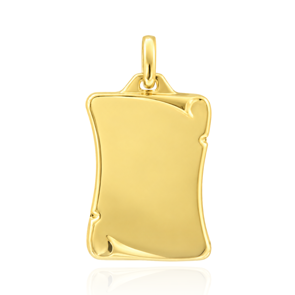 Colgante realizado en oro amarillo de 9 quilates con un singular diseño de pergamino, realzado por bordes enrollados en relieve y una superficie central lisa de acabado pulido brillante.