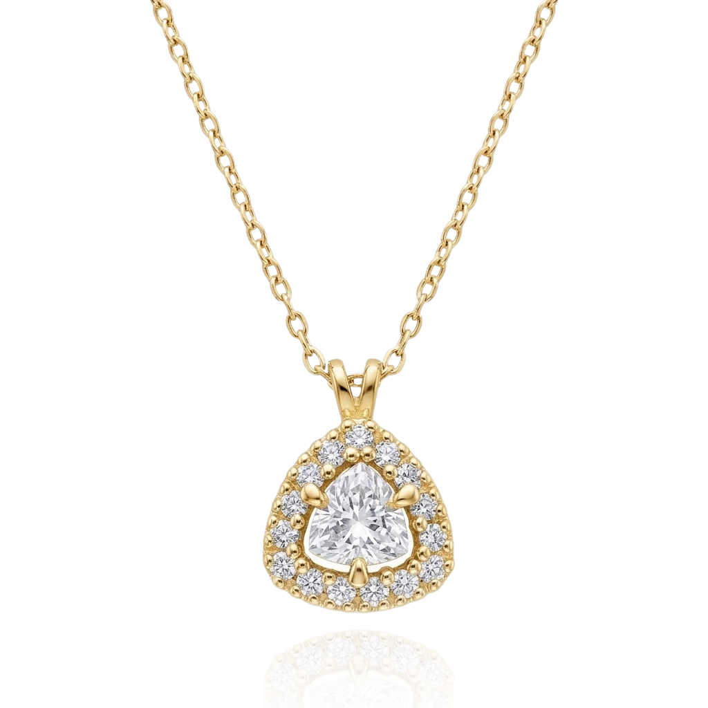 Gargantilla de oro amarillo de 9 quilates con colgante de diamantes de laboratorio  con una piedra central de talla trillion rodeada de diamantes talla brillante.
