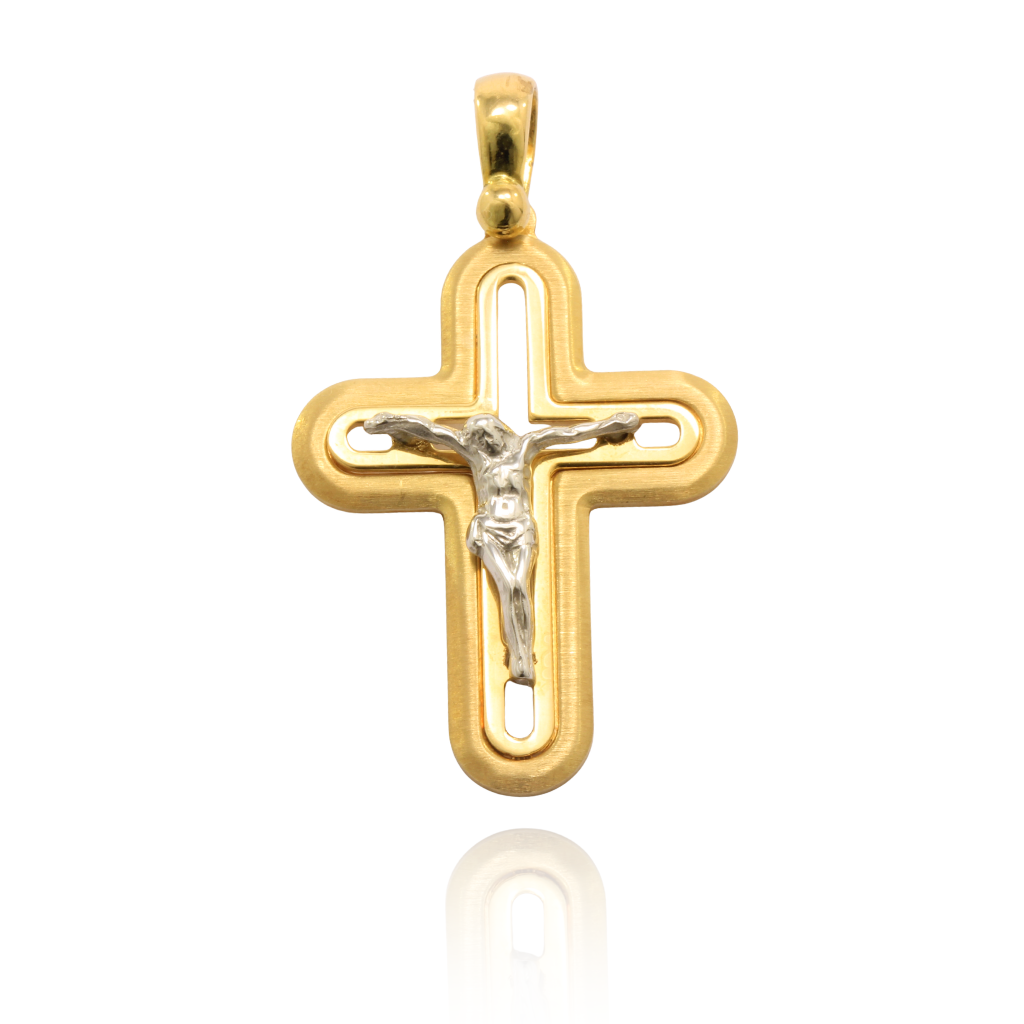Colgante cruz de oro bicolor con Cristo