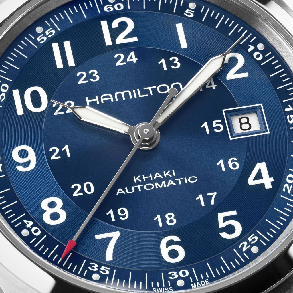 Reloj Hamilton Hamilton Hamilton Khaki Field Auto 42 mm con esfera azul y correa de acero. Joyería Pamplona.