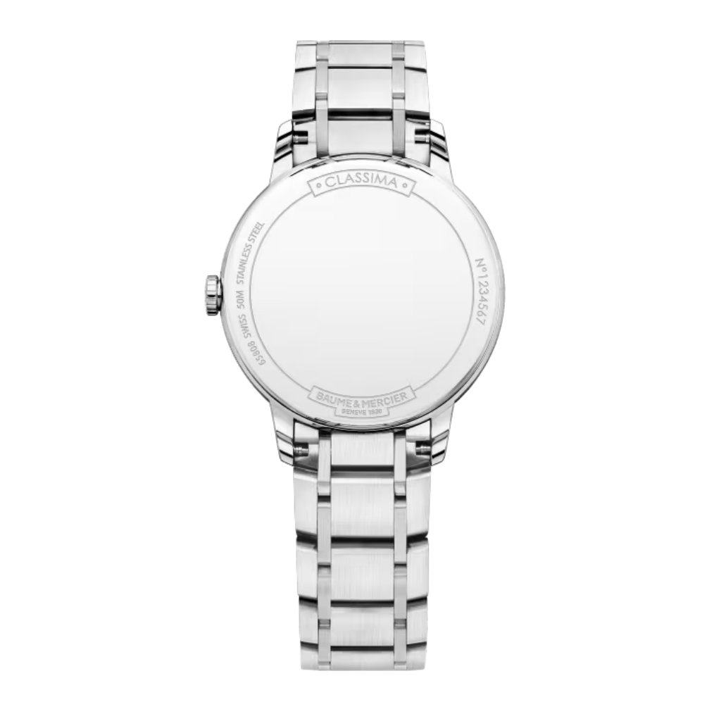 Reloj para hombre Baume &amp; Mercier con brazalete de acero y esfera blanca plateada con fecha Swiss Made