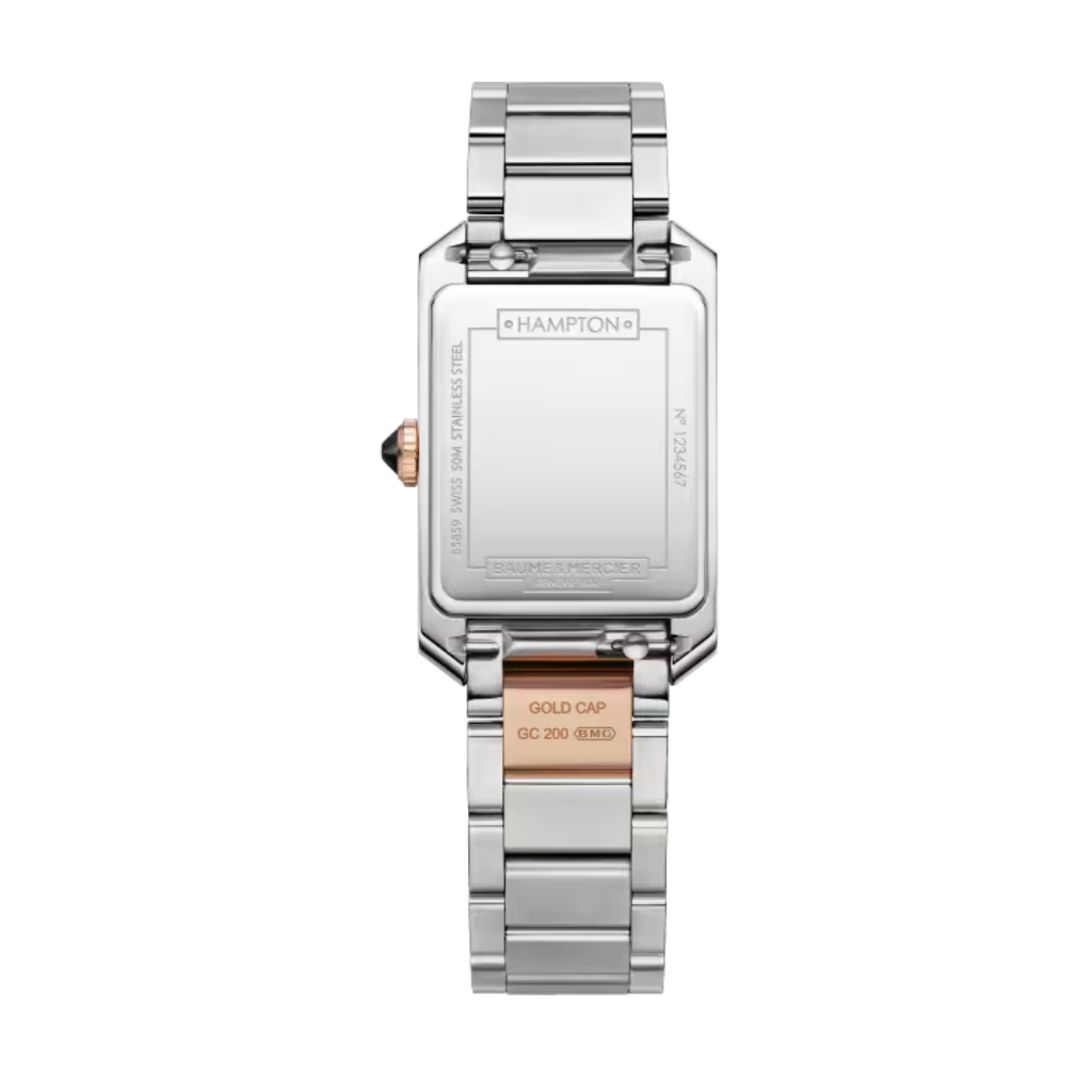 Reloj para mujer Baume & Mercier con brazalete bicolor de acero y oro rosa y esfera opalina gris Swiss Made