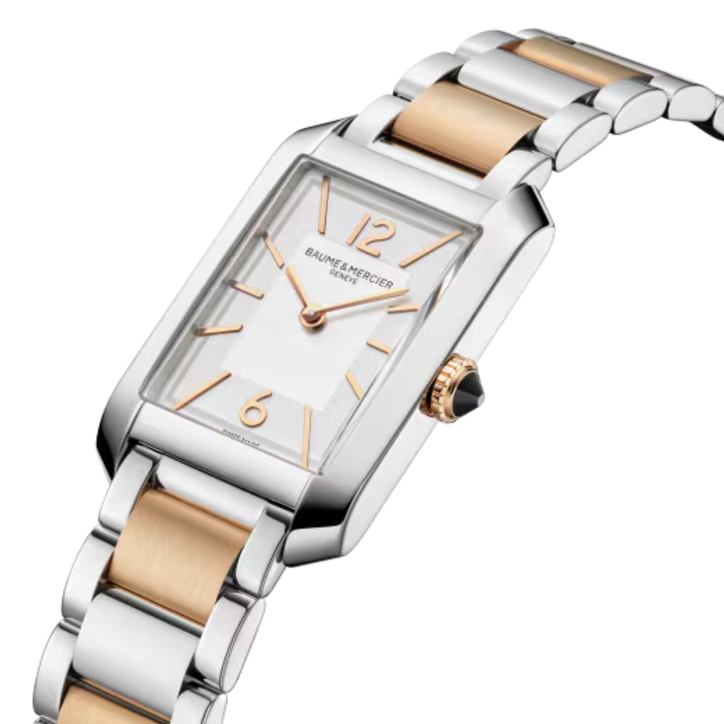 Reloj para mujer Baume & Mercier con brazalete bicolor de acero y oro rosa y esfera opalina gris Swiss Made