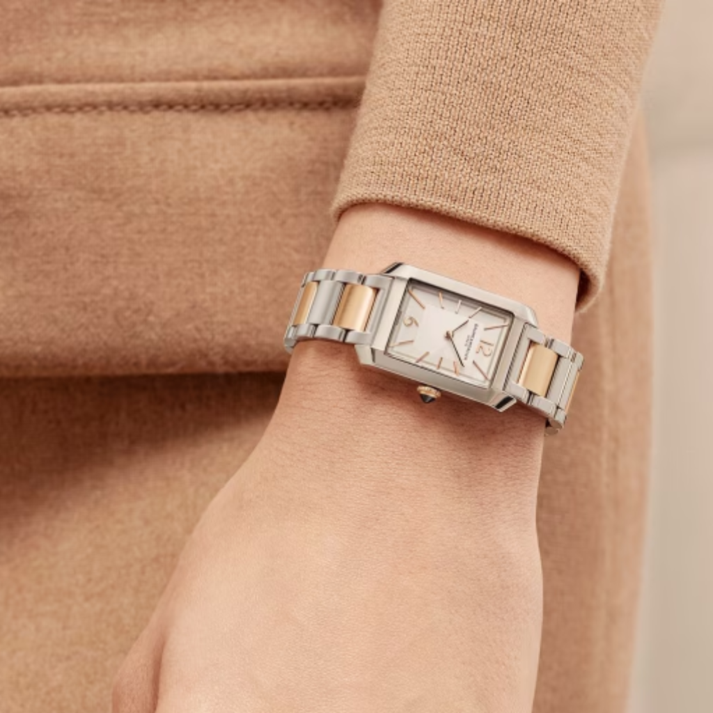 Reloj para mujer Baume & Mercier con brazalete bicolor de acero y oro rosa y esfera opalina gris Swiss Made